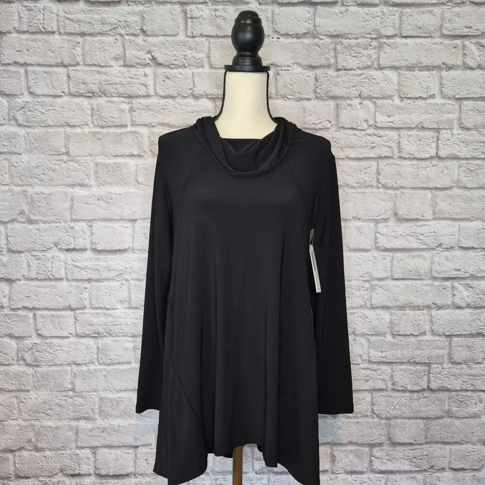 Sympli The Look Tunic Top Black Cowl Neck Asymmetrical Swing Lagenlook Sz 6 NWT - Picture 2 of 11